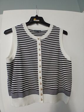 Adrianna Papell Navy and White Striped Sleeveless Knit Shell with Gold Buttons